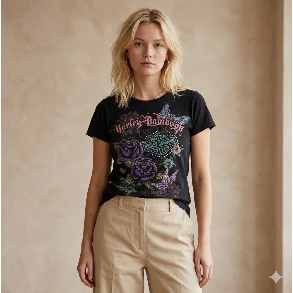 Harley‎ Davidson Tee Womens Logo Graphic Bartels LA Bikercore Y2K 90s